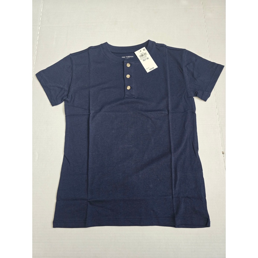 Epic Threads Boys Navy Nautical Henley Shirt Short Sleeve S 7-8 NEW